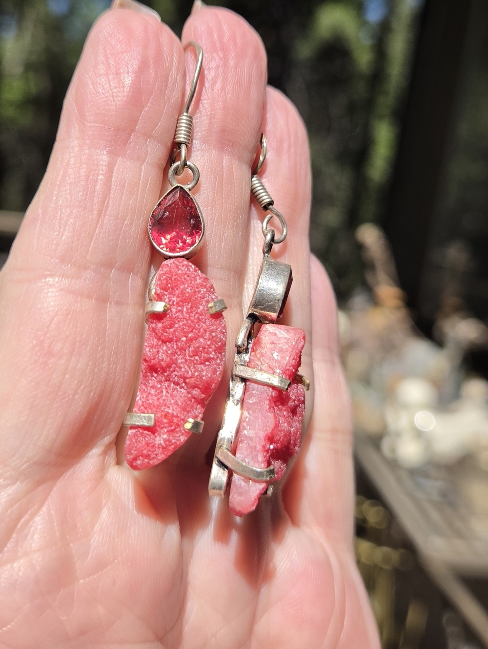 Vibrant Pink Druzy Drop Sterling Earrings with Faceted Garnet Accent - Picture 5 of 8